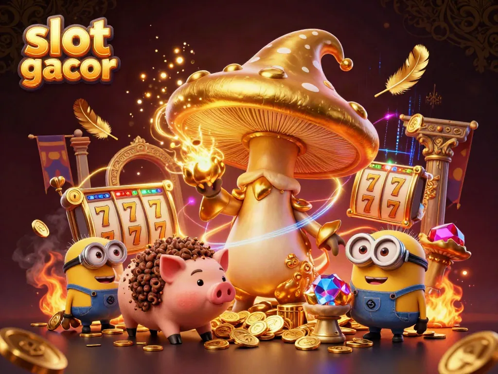 Experience the magic of slot gacor with a golden wizard and treasures swirling in a colorful casino scene.