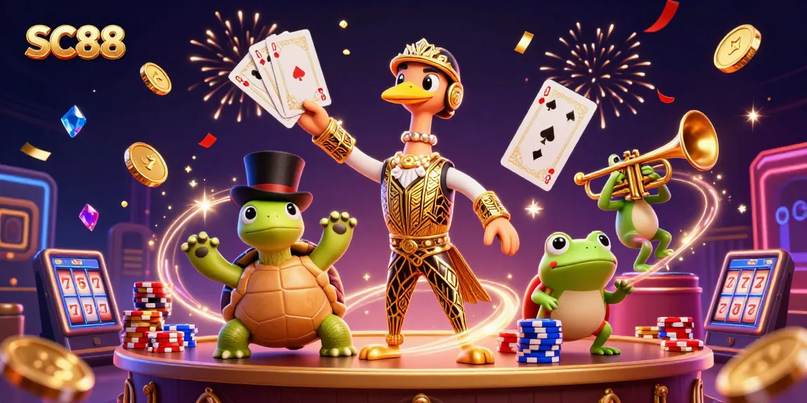 Experience thrilling wins at SC88 with vibrant casino characters amidst gold coins and poker chips.
