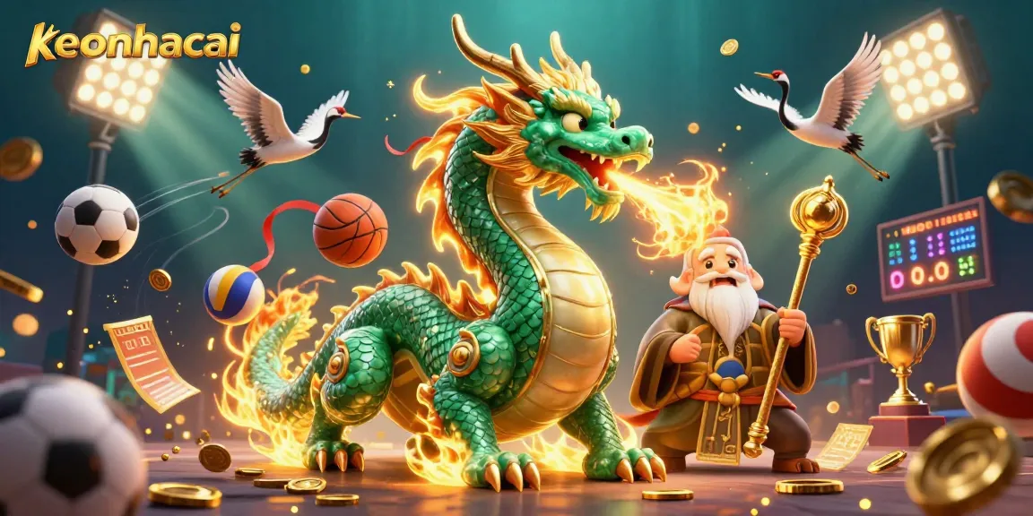 Experience the thrill of keonhacai sports betting with a dynamic 3D illustration showcasing a jade dragon and lucky elements.
