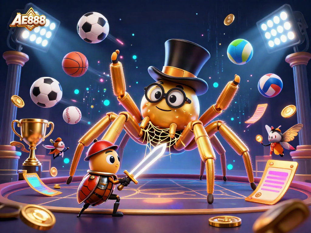 Experience thrilling gameplay with AE888 in a vibrant 3D casino world showcasing dynamic sports elements and unique characters.