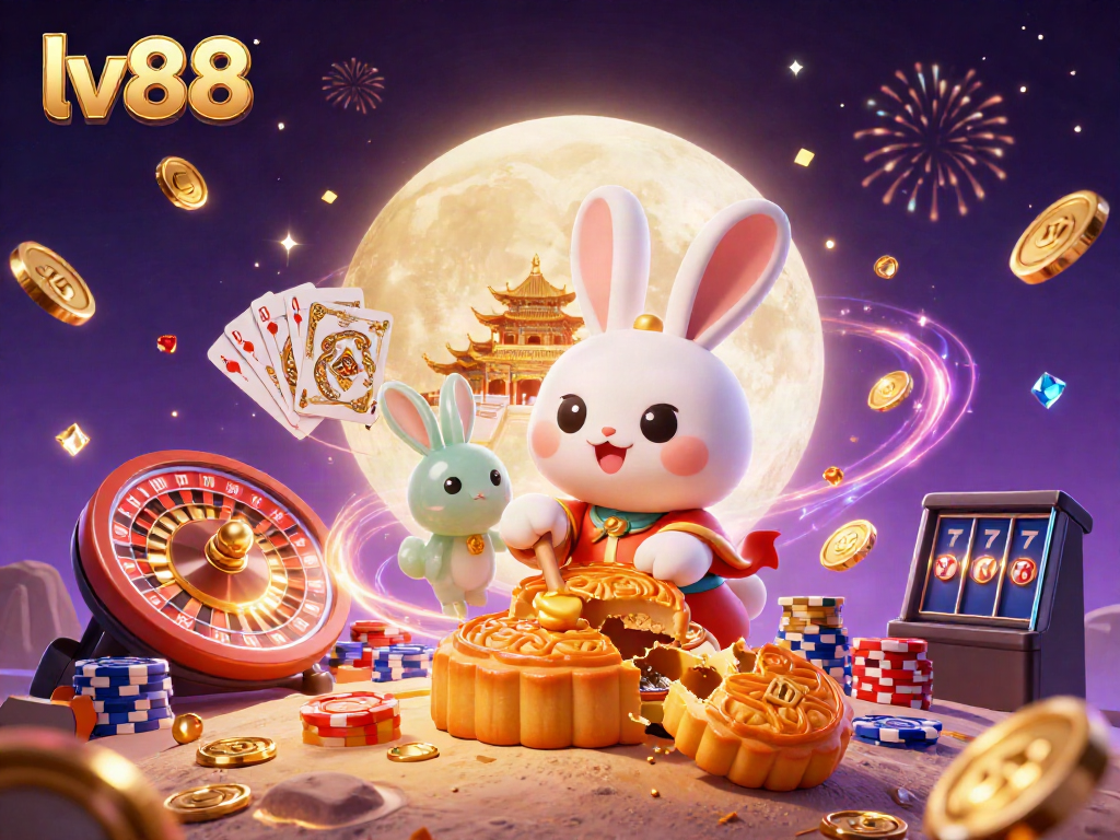 Experience the fun at lv88 with a vibrant 3D illustration of a moon rabbit amidst casino elements.