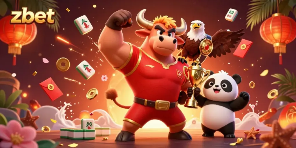 Experience thrilling action at zbet with a dynamic 3D illustration of mascots celebrating gaming success.