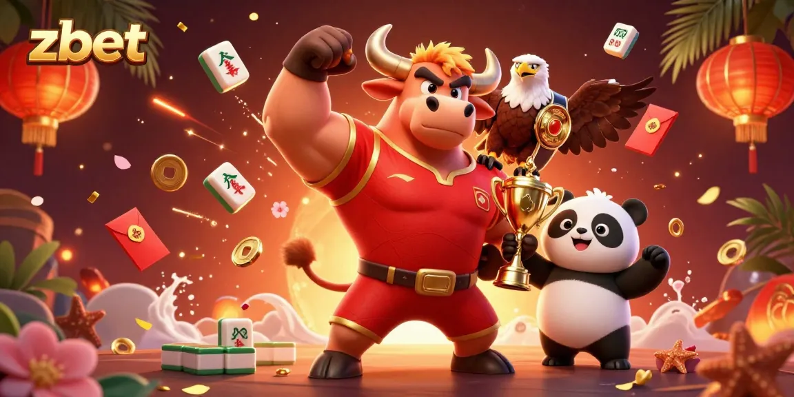 Experience thrilling action at zbet with a dynamic 3D illustration of mascots celebrating gaming success.