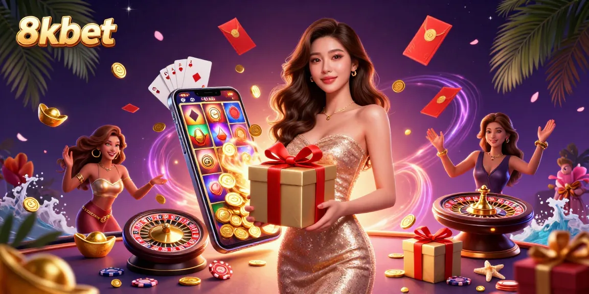 Experience the excitement of gaming with 8xbet as a gorgeous Asian woman celebrates with winnings and festive elements.