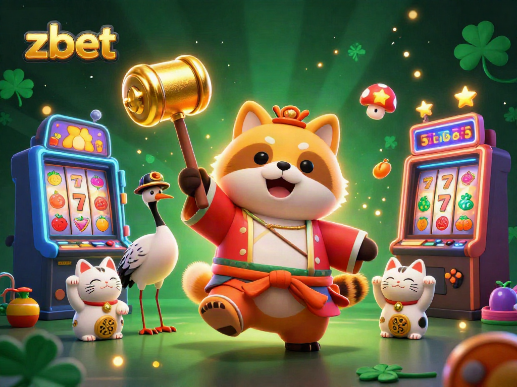 Exciting scene with a cheerful tanuki, crane, and fortune cats promoting zbet casino slots.