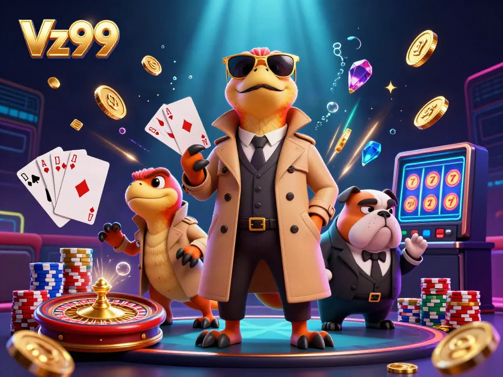 Experience the playful Vz99 scene with raptors at a VIP casino, showcasing vibrant game elements.