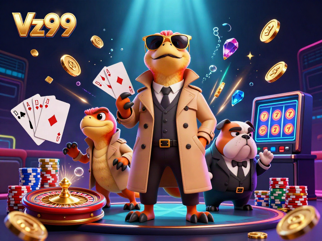 Experience the playful Vz99 scene with raptors at a VIP casino, showcasing vibrant game elements.