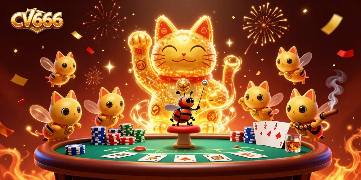 Engage with CV666's luxurious gaming experience illustrated with a golden lucky cat and poker elements.