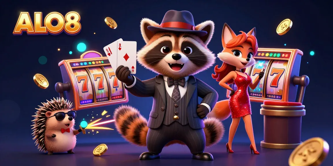 Experience ALO8's thrilling gaming world, featuring a raccoon, fox, and hedgehog in a dynamic casino scene.