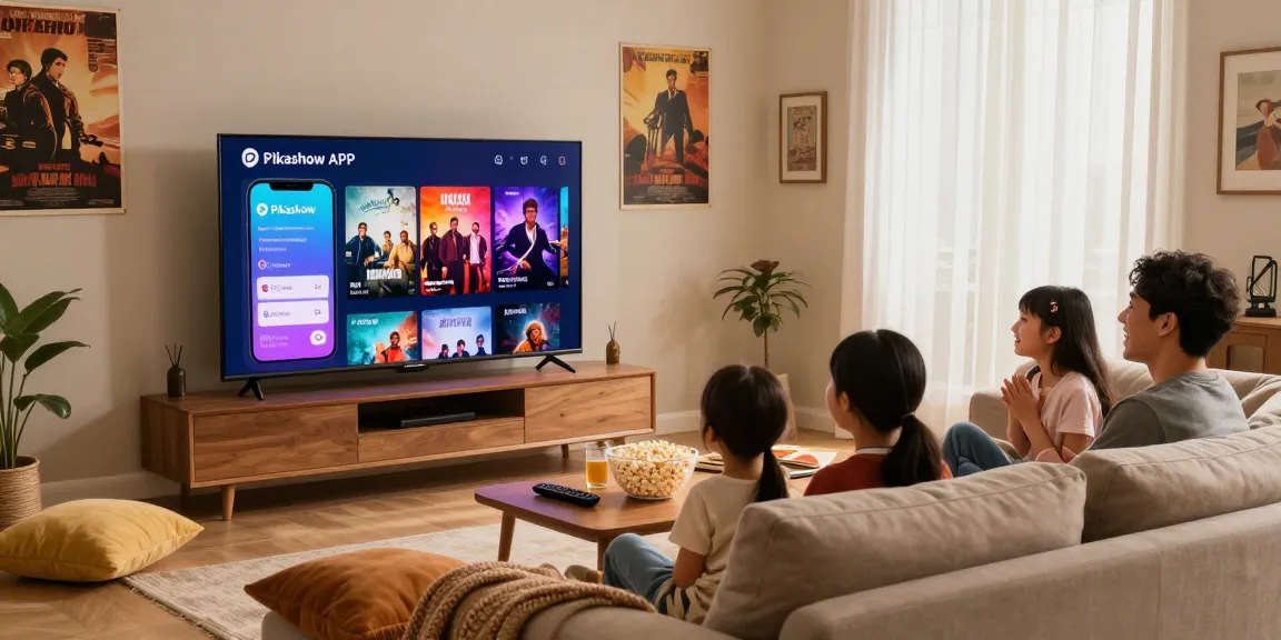 Family enjoying movies with Pikashow APK on a smart TV in a cozy living room.