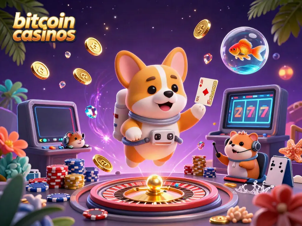 Experience immersive bitcoin casinos action in a space-themed digital illustration with animated characters and vibrant gaming elements.