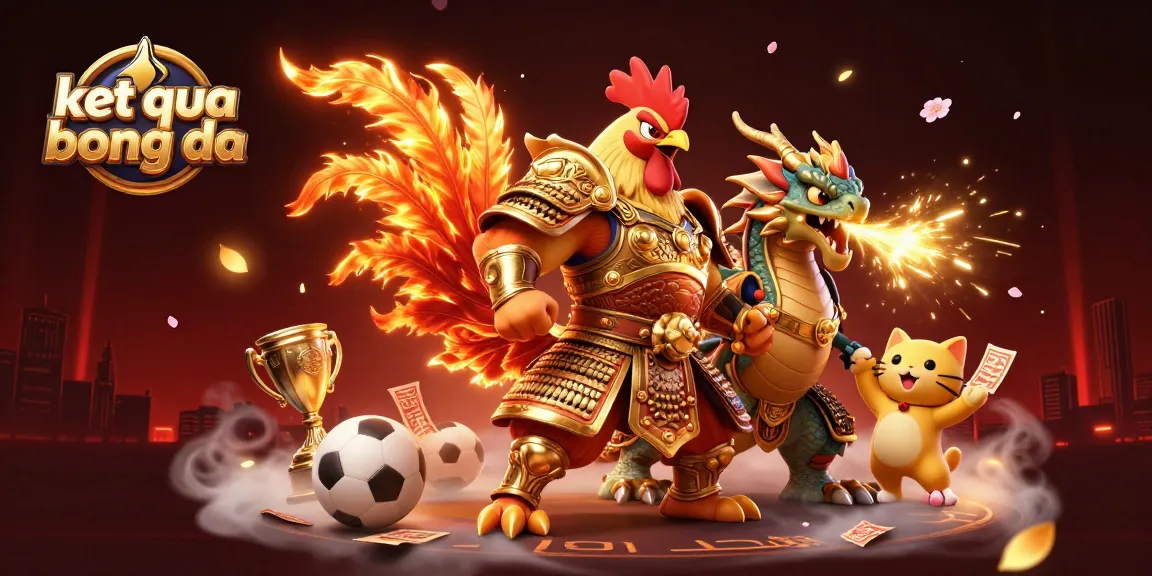 Experience the excitement of ket qua bong da with a fighting rooster warrior and dragon in a vibrant casino scene.