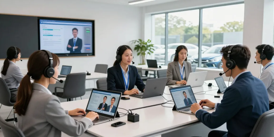 Practicing f and I training with AI-powered voice interactions in a modern automotive training center.