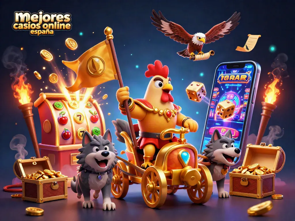 Disfruta de los mejores casinos online España con esta ilustración vibrante llena de acción y premios.