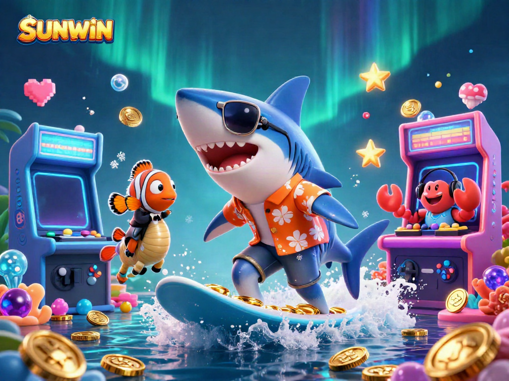 SUNWIN shines as a vibrant underwater casino scene with surfing characters and gold coins enriching the atmosphere.