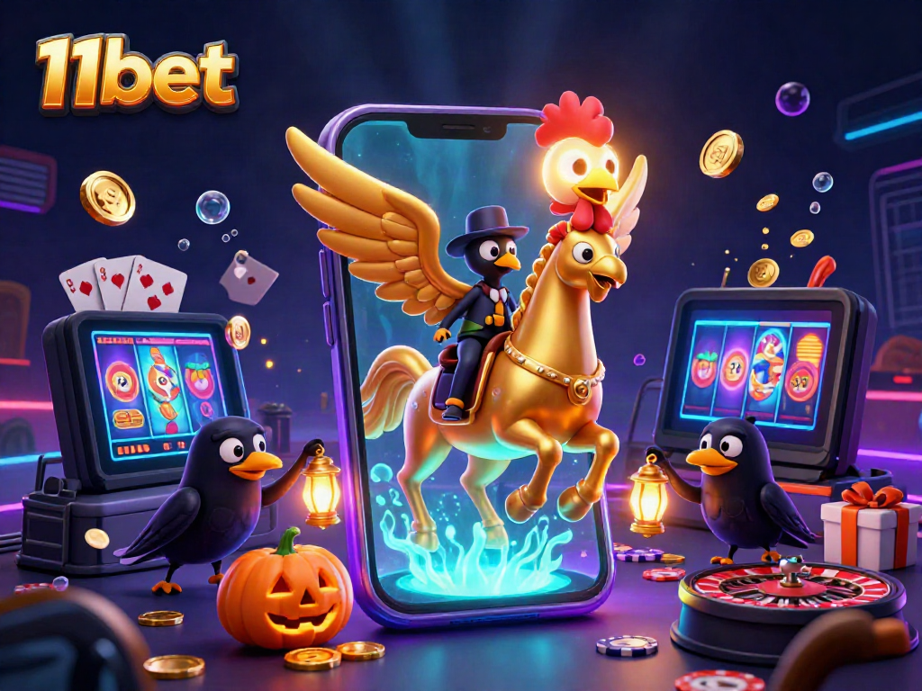 Engage in thrilling gameplay with 11bet as golden rooster characters illuminate a vibrant casino.