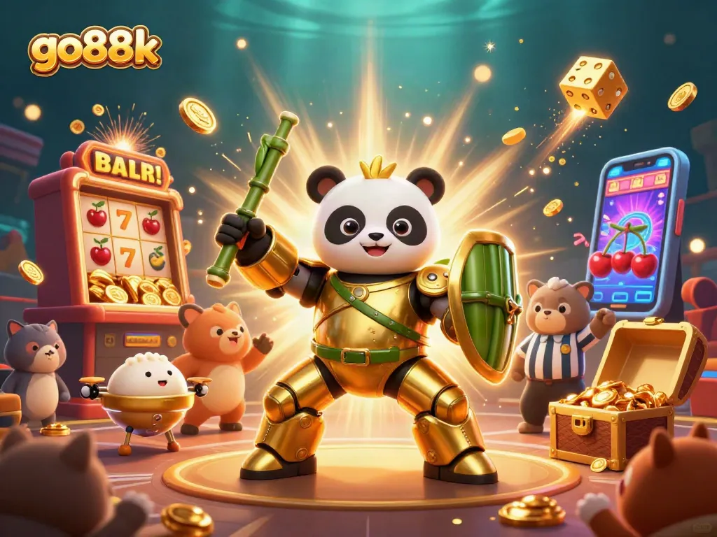 Experience go88k excitement with a golden panda in a vibrant casino arena filled with dynamic game elements.