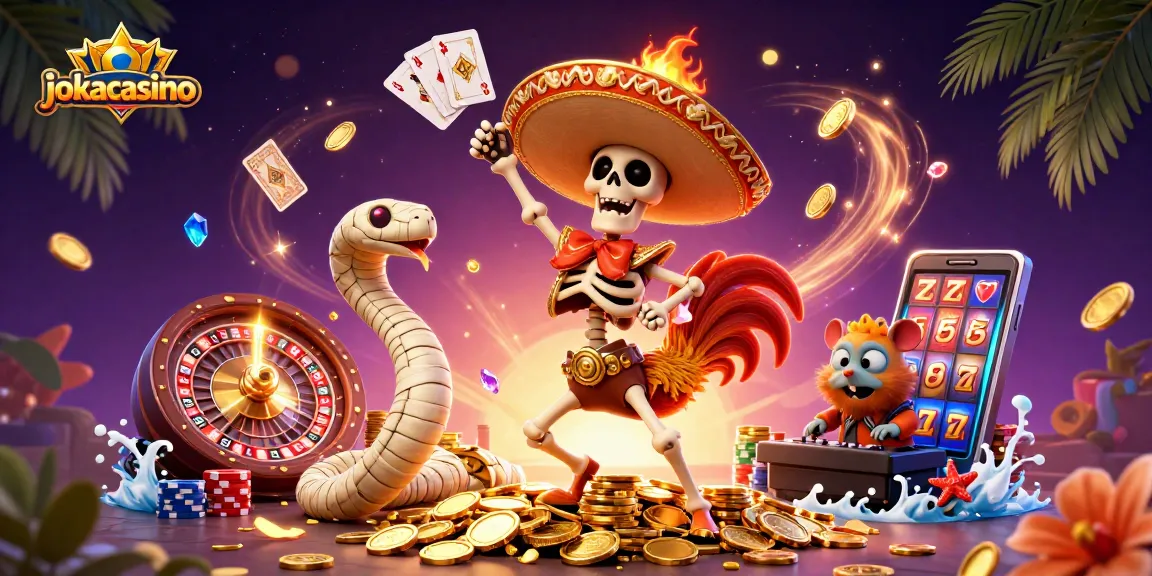 Win big at jokacasino with a vibrant 3D scene featuring gaming action and colorful elements.
