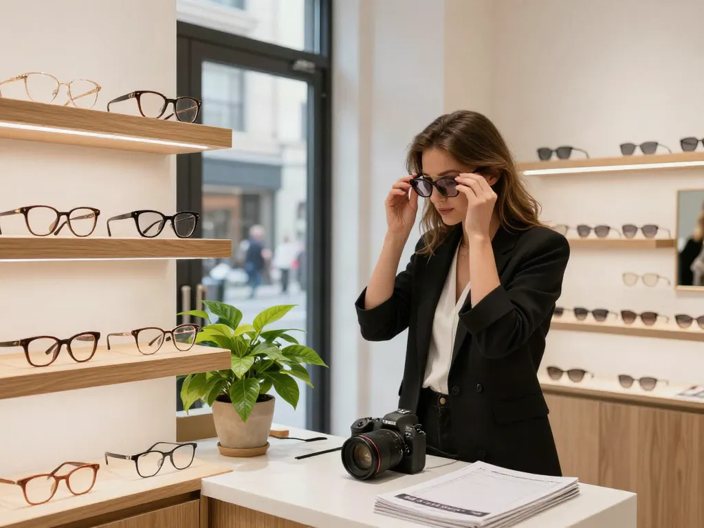 Stylish customer trying on oculos de grau in a modern eyewear boutique