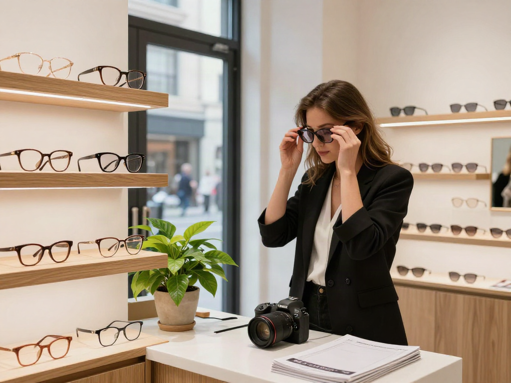 Stylish customer trying on oculos de grau in a modern eyewear boutique