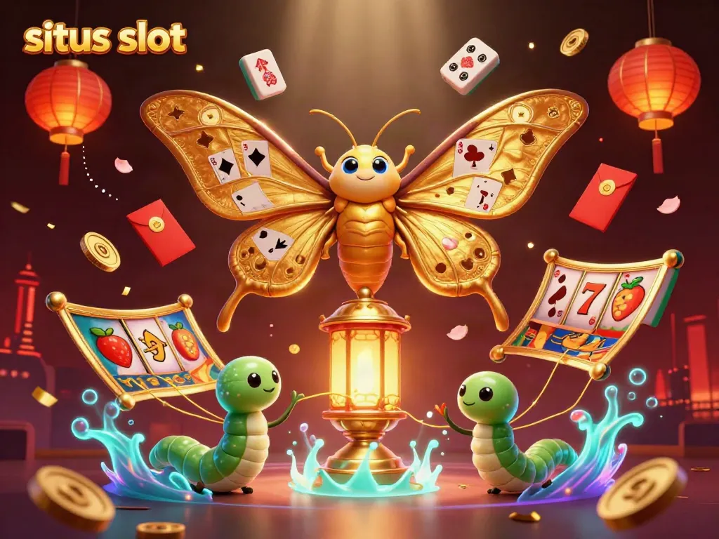 Engage with situs slot in a vibrant casino-themed illustration featuring a golden moth and festive elements.