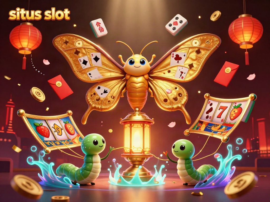Engage with situs slot in a vibrant casino-themed illustration featuring a golden moth and festive elements.