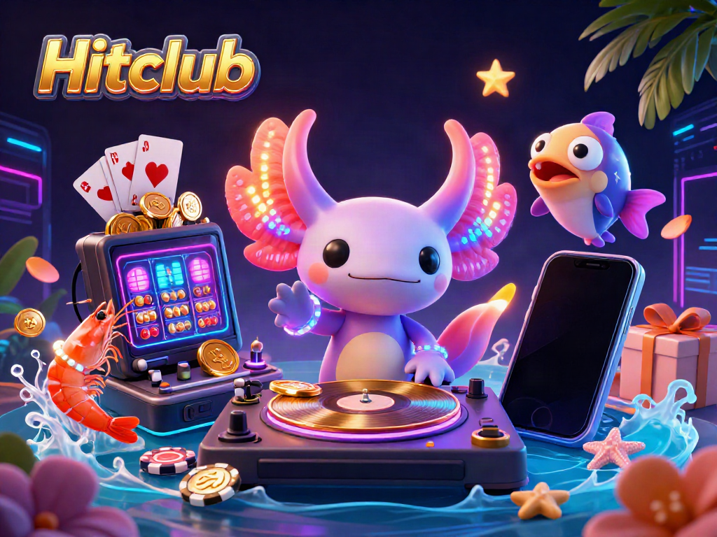 Hitclub showcases a vibrant 3D casino scene with a neon axolotl DJ and colorful gaming elements, emphasizing engaging action.