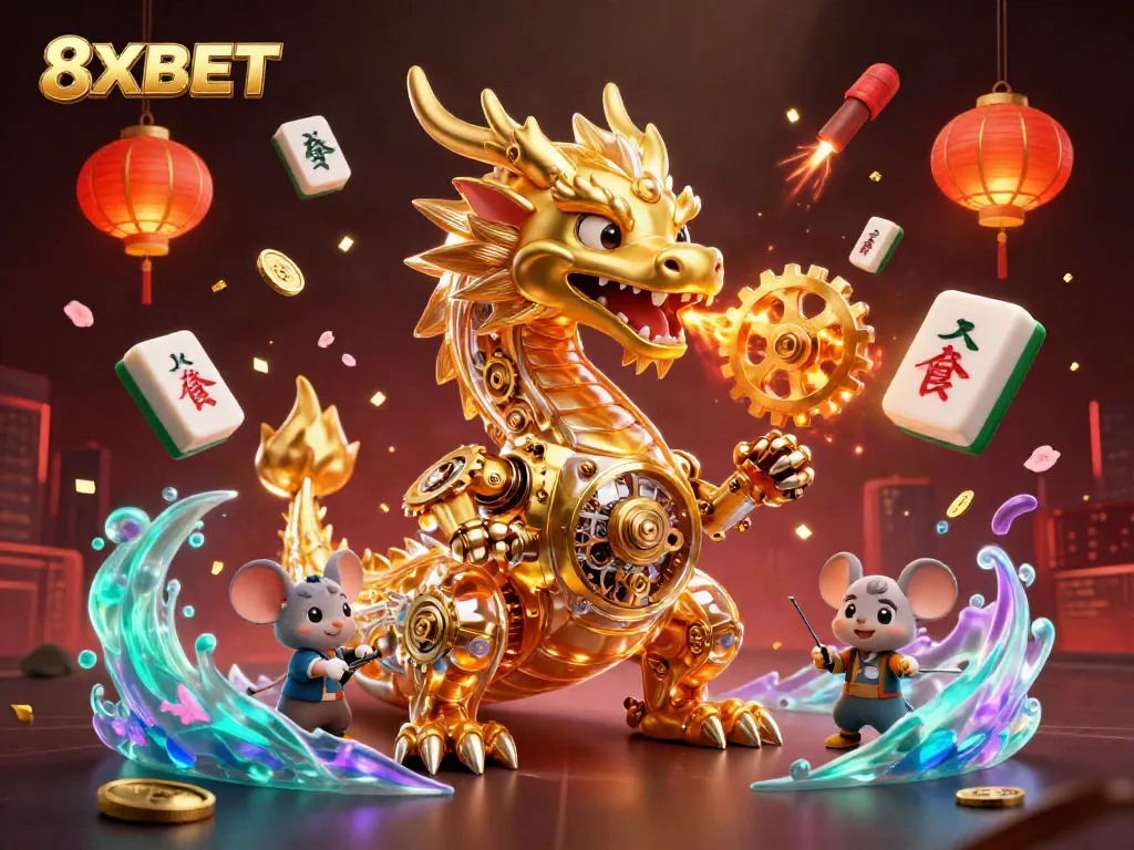 Engage in thrilling gameplay at 8XBET with a dragon and festive elements in a vibrant casino scene.