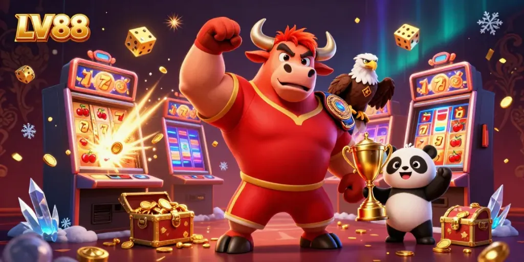 Experience excitement with LV88, a vibrant 3D casino illustration featuring games and casino icons.