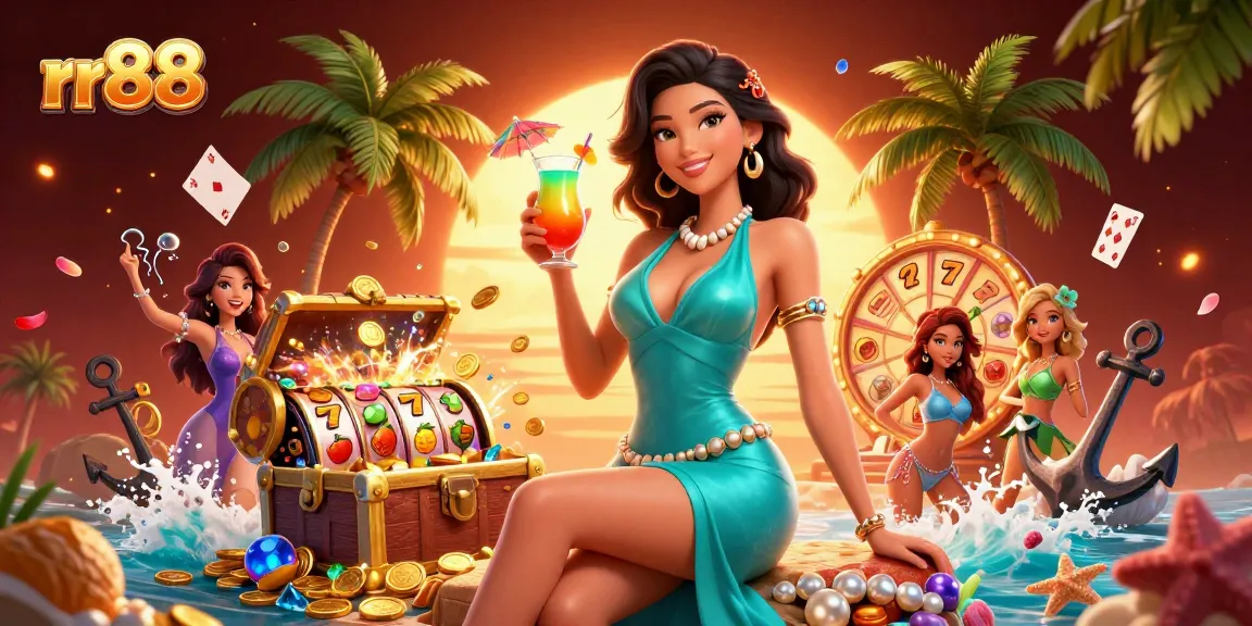 Spin the reels at rr88 and uncover treasures amidst a vibrant casino beach scene.