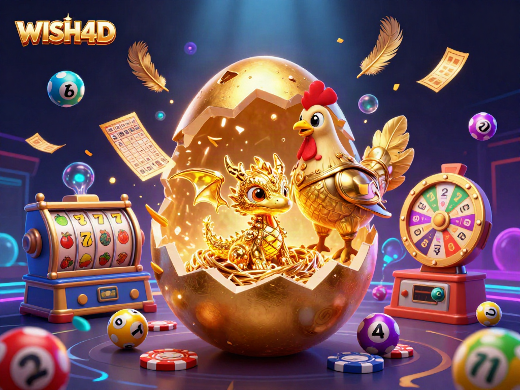 Play thrilling games at WISH4D featuring a golden dragon and dynamic slot reels.