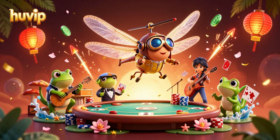 Experience the excitement of Huvip with a lively casino scene featuring animated characters and dynamic elements.