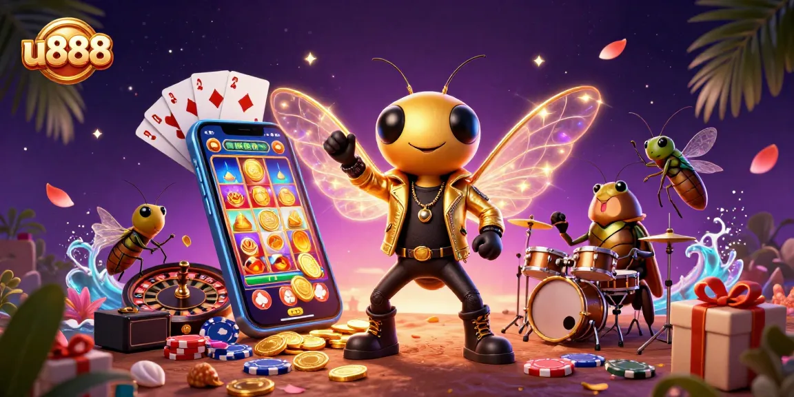 Experience thrilling gameplay at u888, where a vibrant casino scene unfolds with exciting slot games, golden coins, and animated characters.
