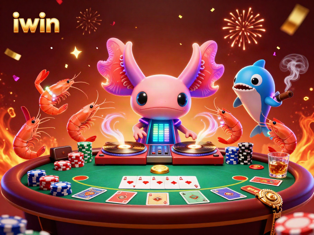 Engage in iwin’s vibrant underwater casino scene with axolotl DJ, poker chips, and glowing shrimp.