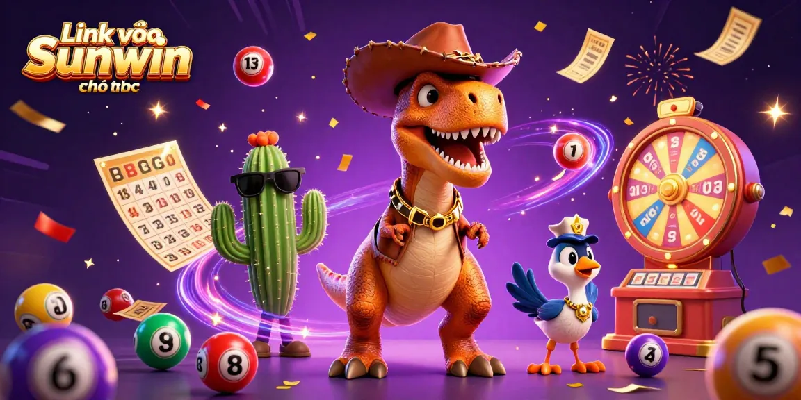 Engage with Link vào Sunwin chính thức through an exciting 3D casino illustration showcasing colorful lottery elements.