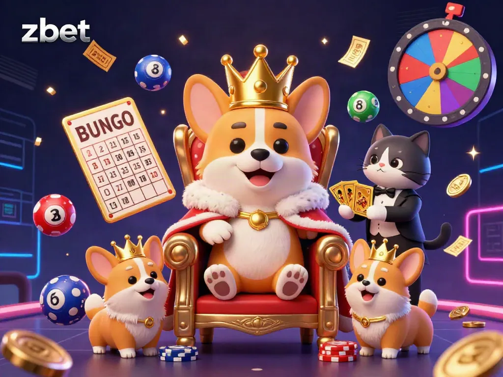 Engage with zbet's exciting casino atmosphere featuring a royal corgi and vibrant game elements.
