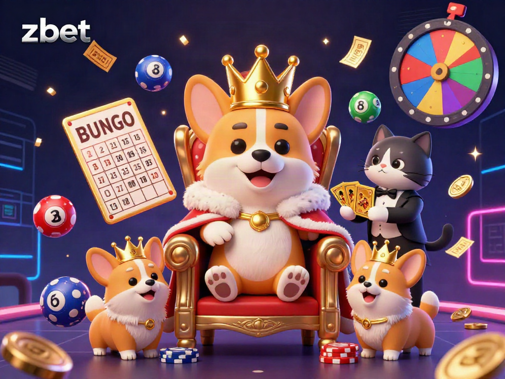 Engage with zbet's exciting casino atmosphere featuring a royal corgi and vibrant game elements.