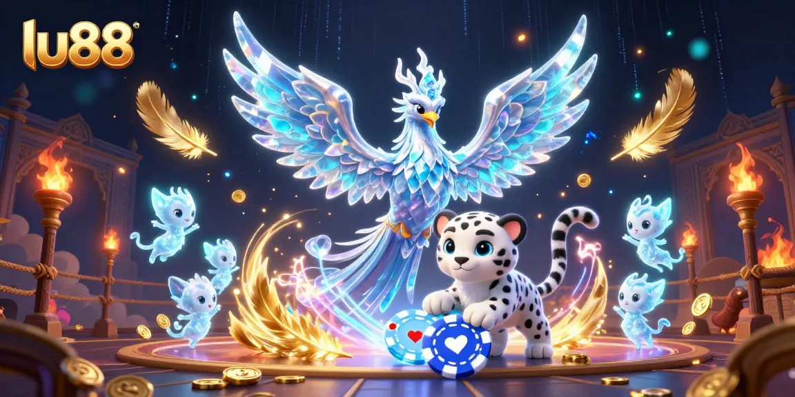 Experience excitement at lu88 with an ice phoenix, poker chip, and dancing sprites in a vibrant casino scene.