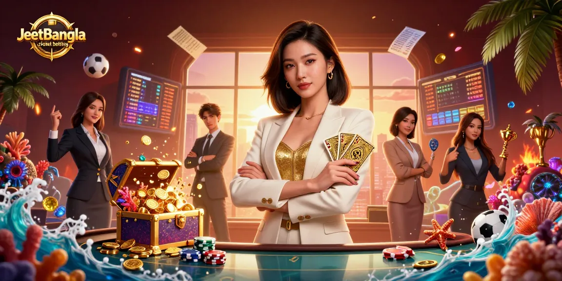 Engage in JeetBangla cricket betting with a glamorous woman holding cards amidst vibrant betting elements.
