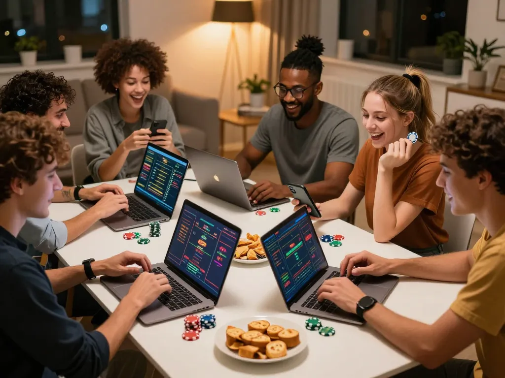 Online gaming excitement at https://mm88.day/ showcasing friends enjoying betting in a cozy living room.
