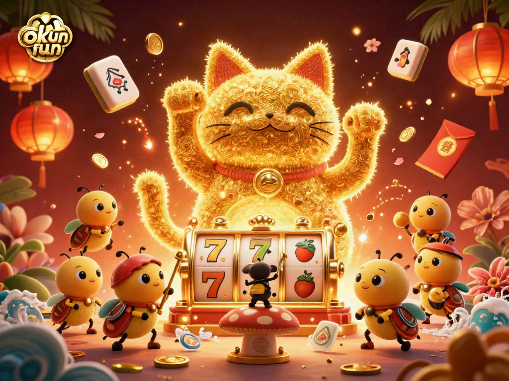 Spin jackpots and win big with okfun's vibrant casino-themed illustration featuring a lucky cat.