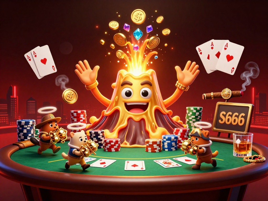 Experience the thrill of S666 poker with golden treasures erupting from a volcano.