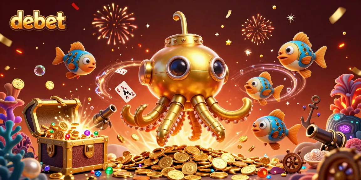 Experience the thrill of debet while exploring a colorful underwater casino world of gold coins and playing cards.