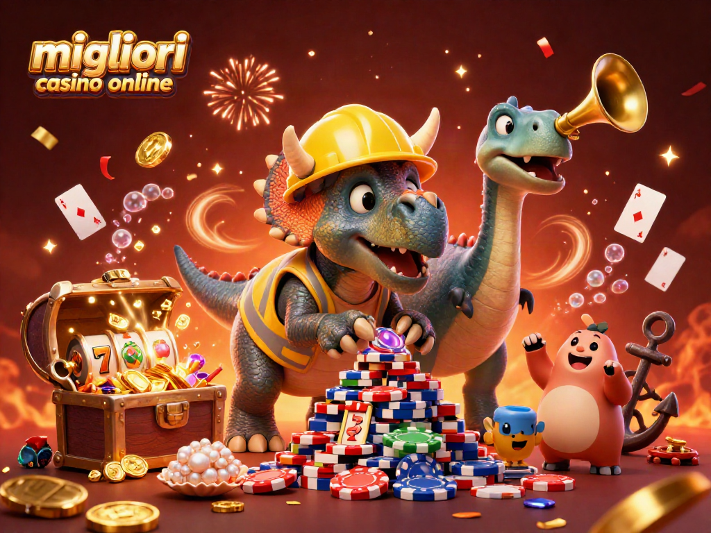 I migliori casino online celebrano con un triceratopo e decorazioni di giochi d'azzardo.