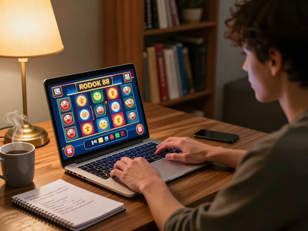 Player engaged in rokok 88 online gaming session with laptop and strategy notes.
