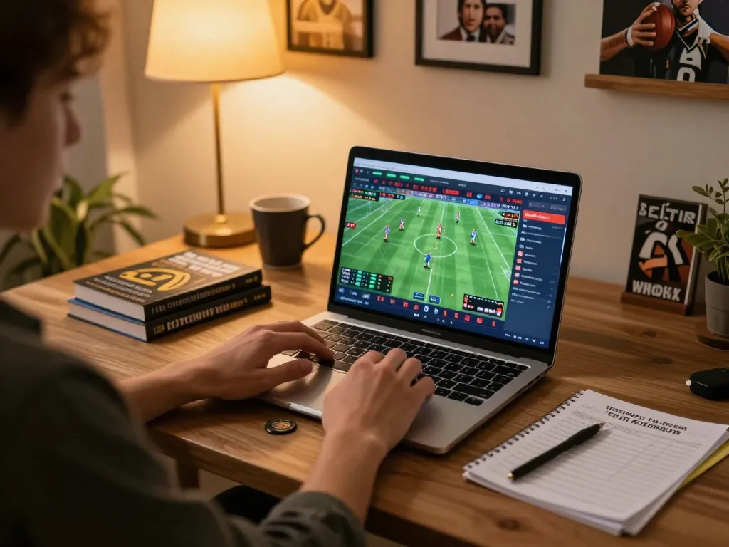 Person strategically betting on keonhacaii88 from home, enhancing their sports betting experience.