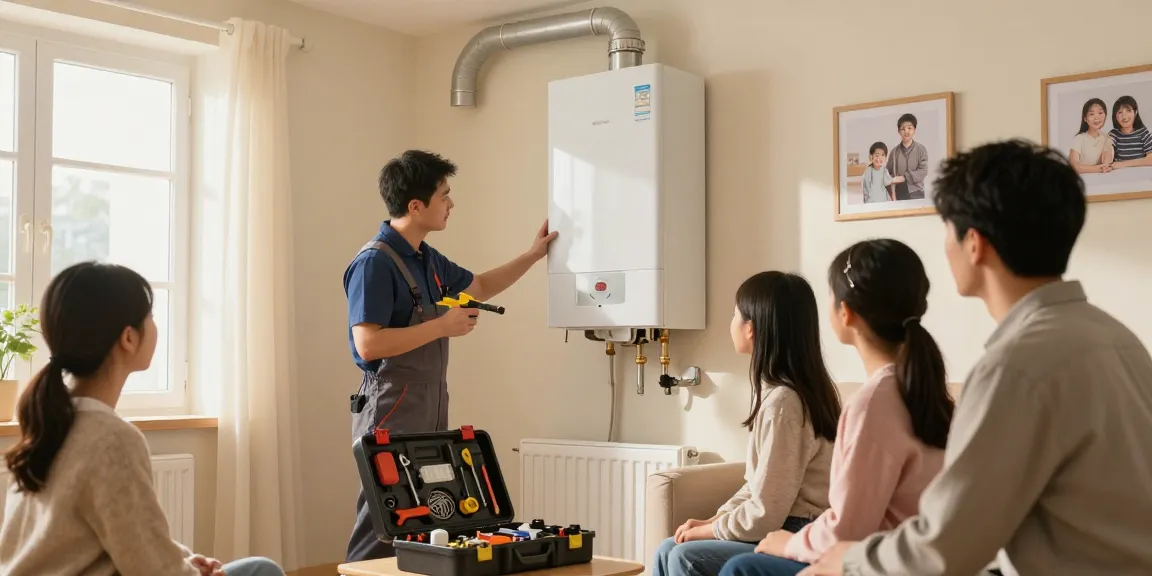 Boiler repair belfast service in a cozy living room with a technician helping a family.