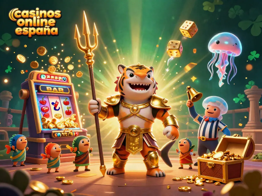 Juega en casinos online España con una ilustración de un tiburón en armadura enfrentándose a una emocionante máquina tragamonedas.
