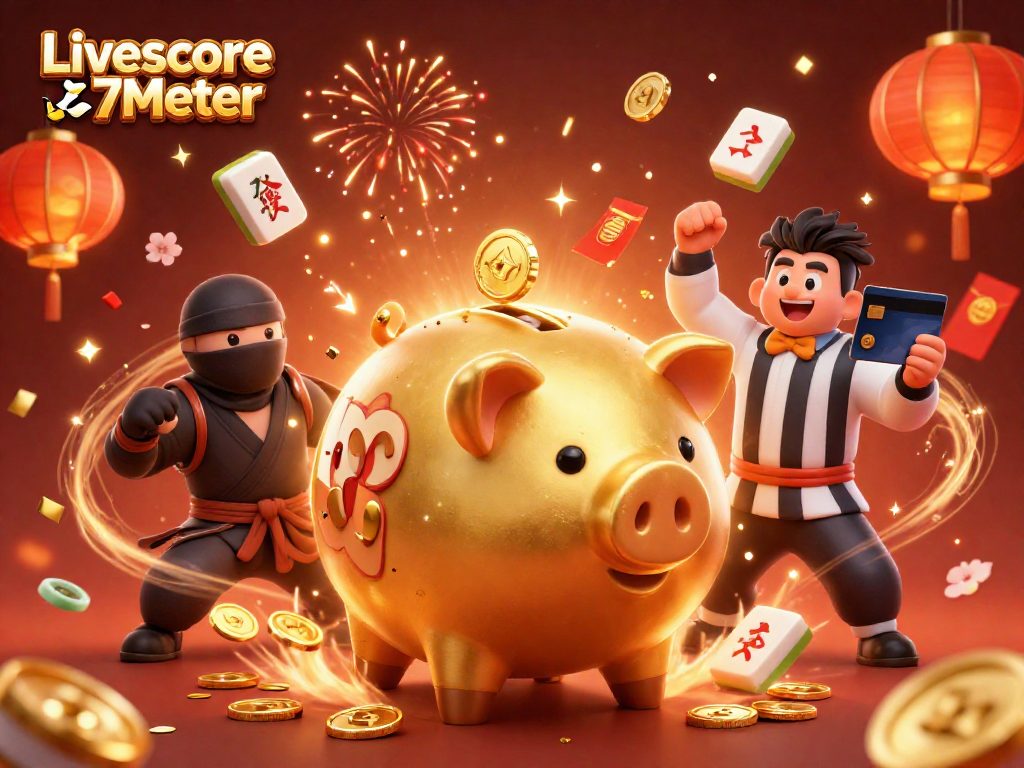 Play with Livescore 7Meter's immersive gaming elements featuring a golden piggy bank sumo wrestler.