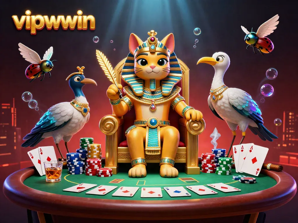 Experience thrilling poker action at vipwwin with a detailed illustration of a pharaoh cat and gameplay elements.